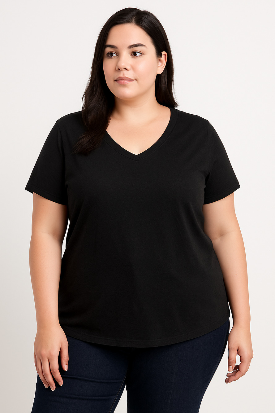 Terra & Sky Black V-Neck T-Shirt Women’s Plus 1X Short Sleeve Tee Fair Condition